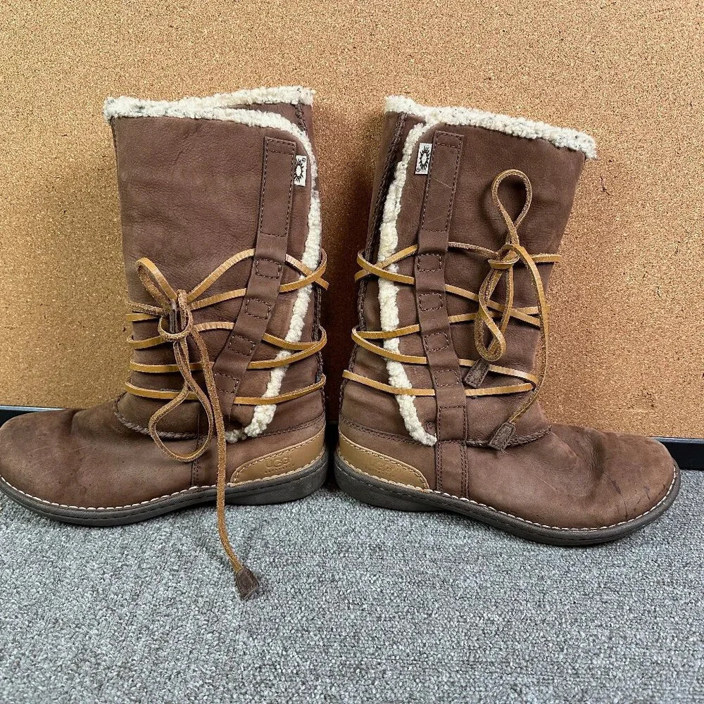 UGG Catalina Womens Size 8 Brown Leather Sheepskin Shearling Wrap Boots